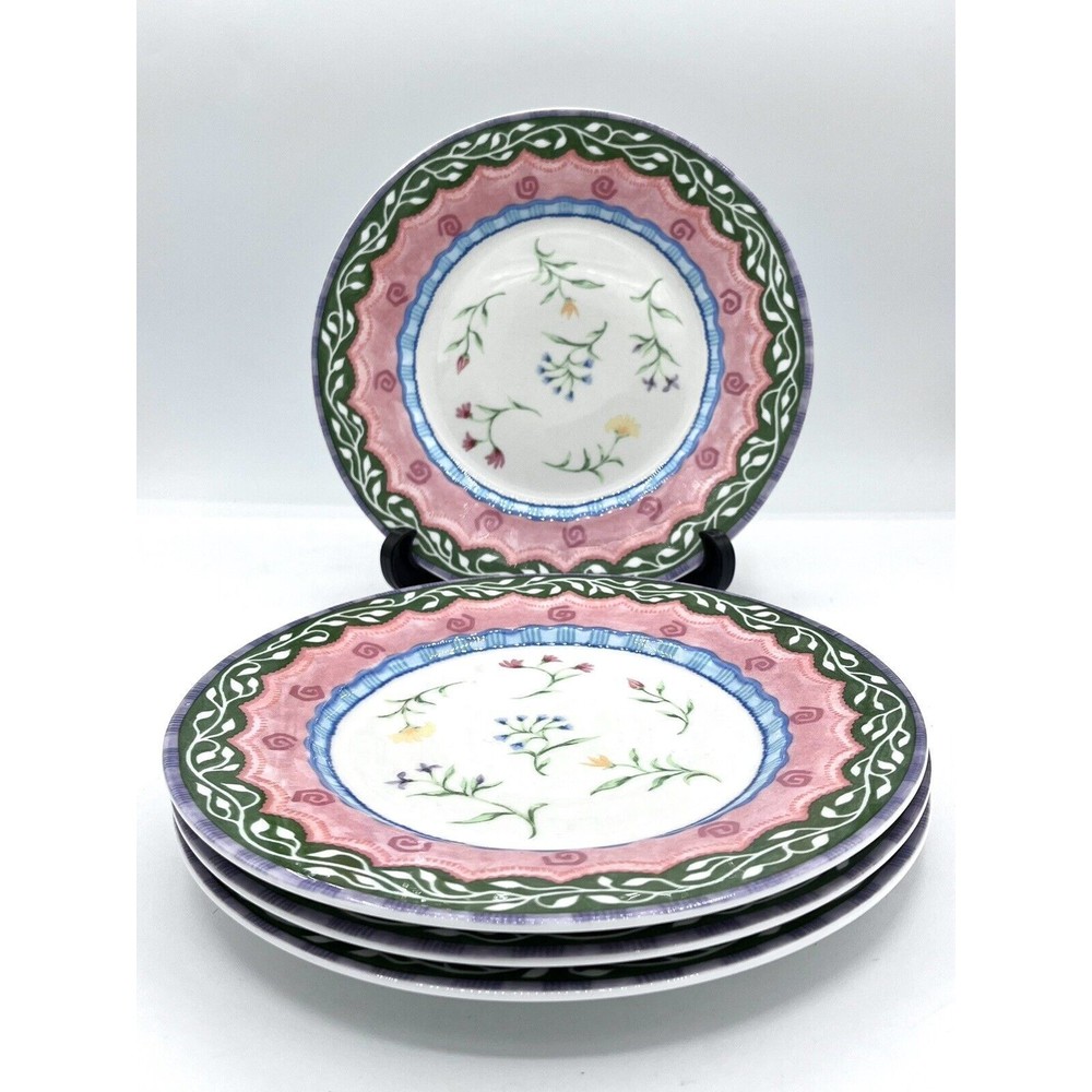 Set Of 4 Fitz and Floyd Gypsy Chicks Salad Plates 8 1/2" Diameter Field Flowers